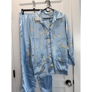 C&A Lingerie Satin Pajama Set Floral Blue Button Top Pants Womens M